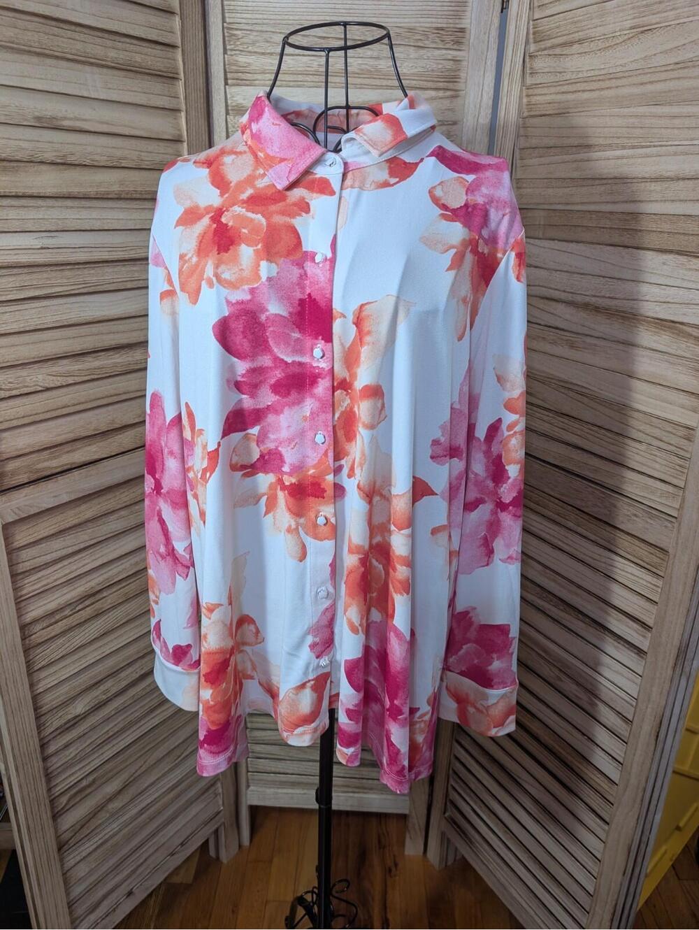 Dennis Basso Printed Woven Top w/Blouson Sleeves-Orchid-Petite Large